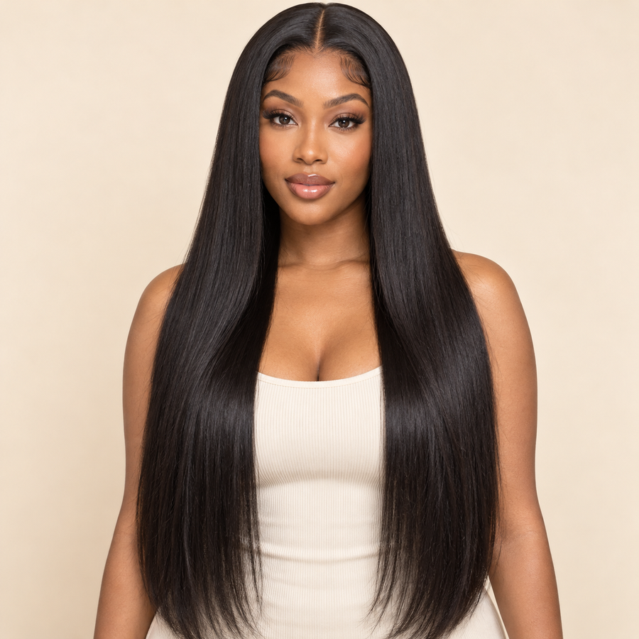 AI-generated visualization of the natural-black straight 13x4 lace-front wig on an adult model, front view, 150% density
