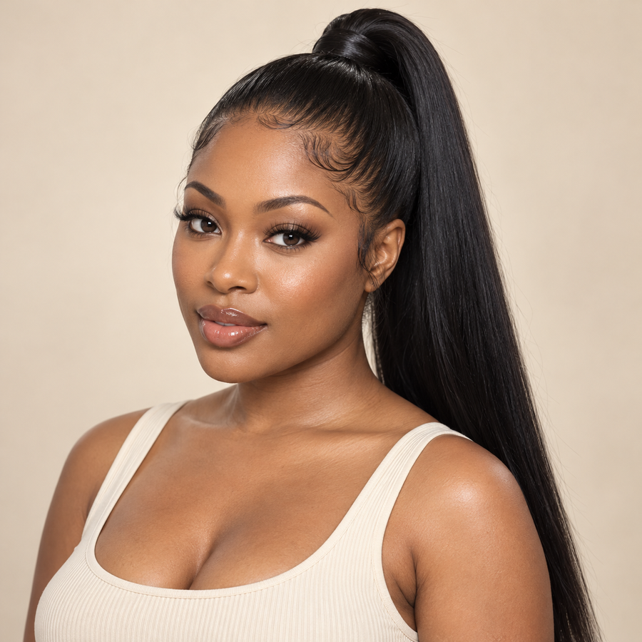 AI-generated visualization of the natural-black straight 360 lace frontal wig on an adult model, front view in a high ponytail