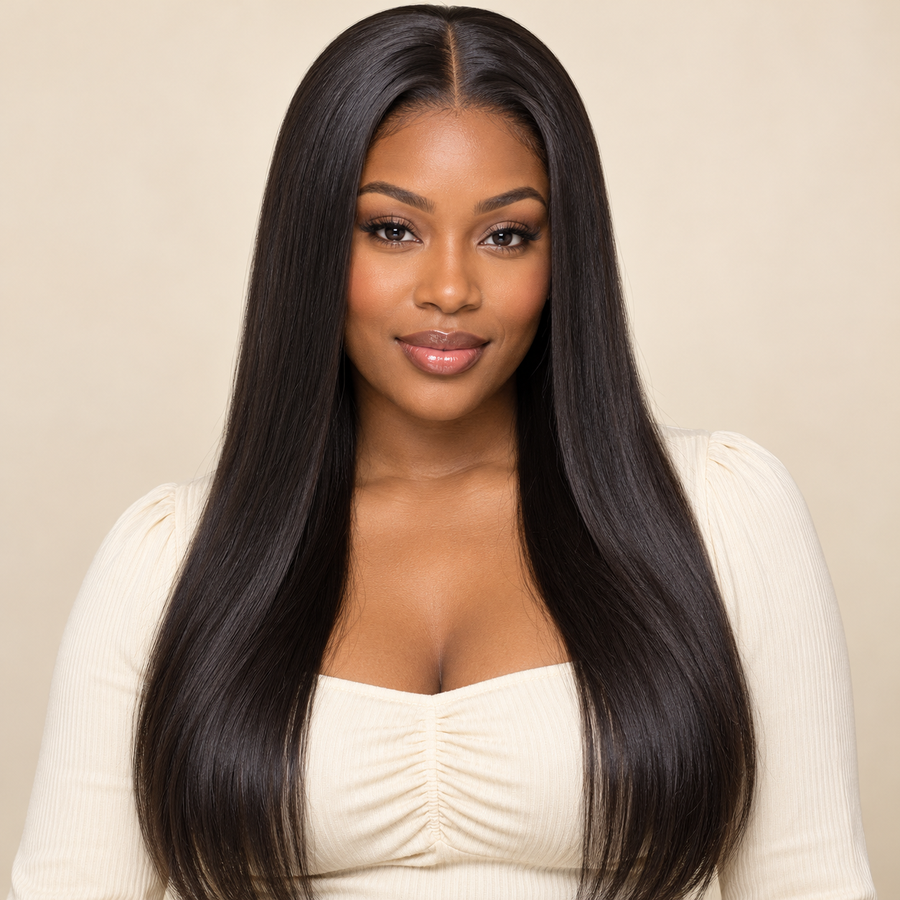 AI-generated visualization of the black straight 4x1 lace-part wig on an adult model, front view