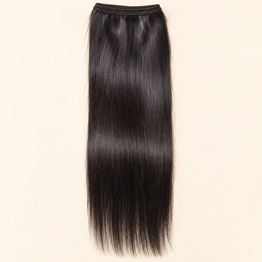 Single 18 inch natural-dark straight human-hair weft, primary product view, AI-generated visualization.