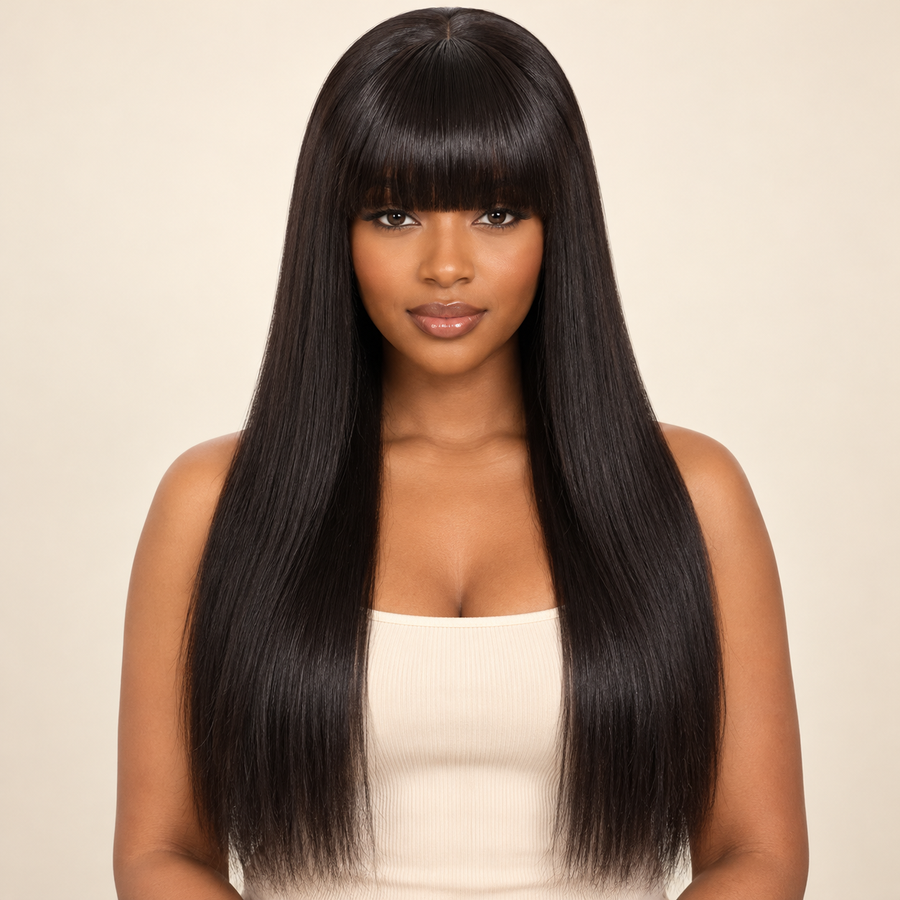 Front view of an adult model wearing a natural-black straight human hair wig with full bangs, AI-generated visualization.