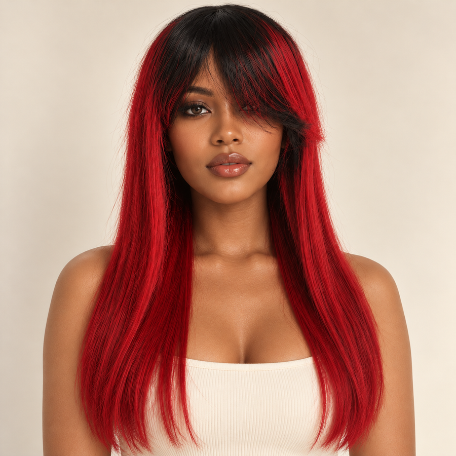 Straight Human Hair Wig in vivid red with black roots and side-swept fringe, Black woman model, front view; AI-generated visualization.