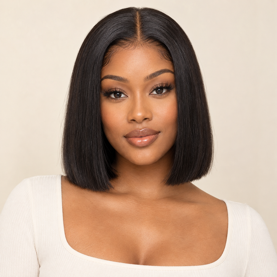 Adult model front view wearing natural-black straight human-hair bob with 13x4 lace front, AI visualization.