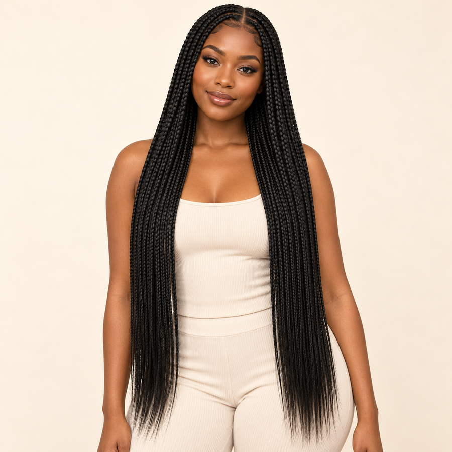 Straight Ombre Braiding Hair 26 Inch, natural black, installed braid style on adult dark-skinned Black woman, AI-generated visualization