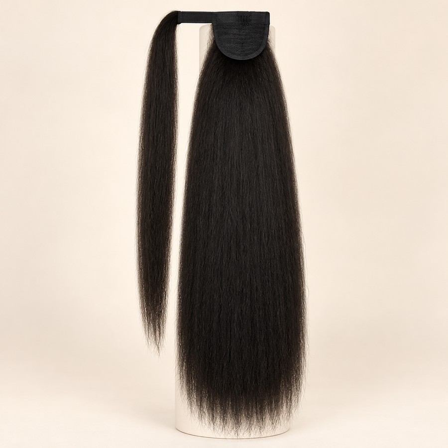 Natural black 1B straight synthetic ponytail extension with hook-and-loop wrap visible; AI-generated visualization.