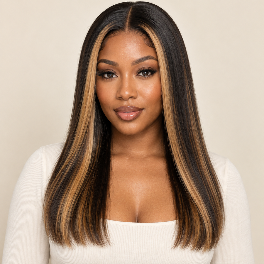 Adult model front view wearing a straight natural-black wig with honey-blonde 27 face-framing highlights, AI visualization.