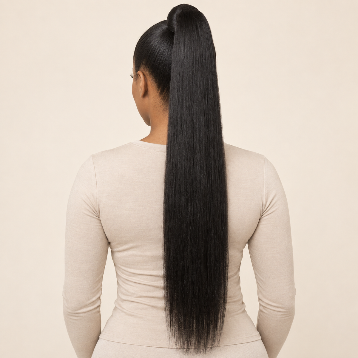 Straight Wrap-Around Ponytail Extension — 1B natural black — back installed view — AI-generated visualization