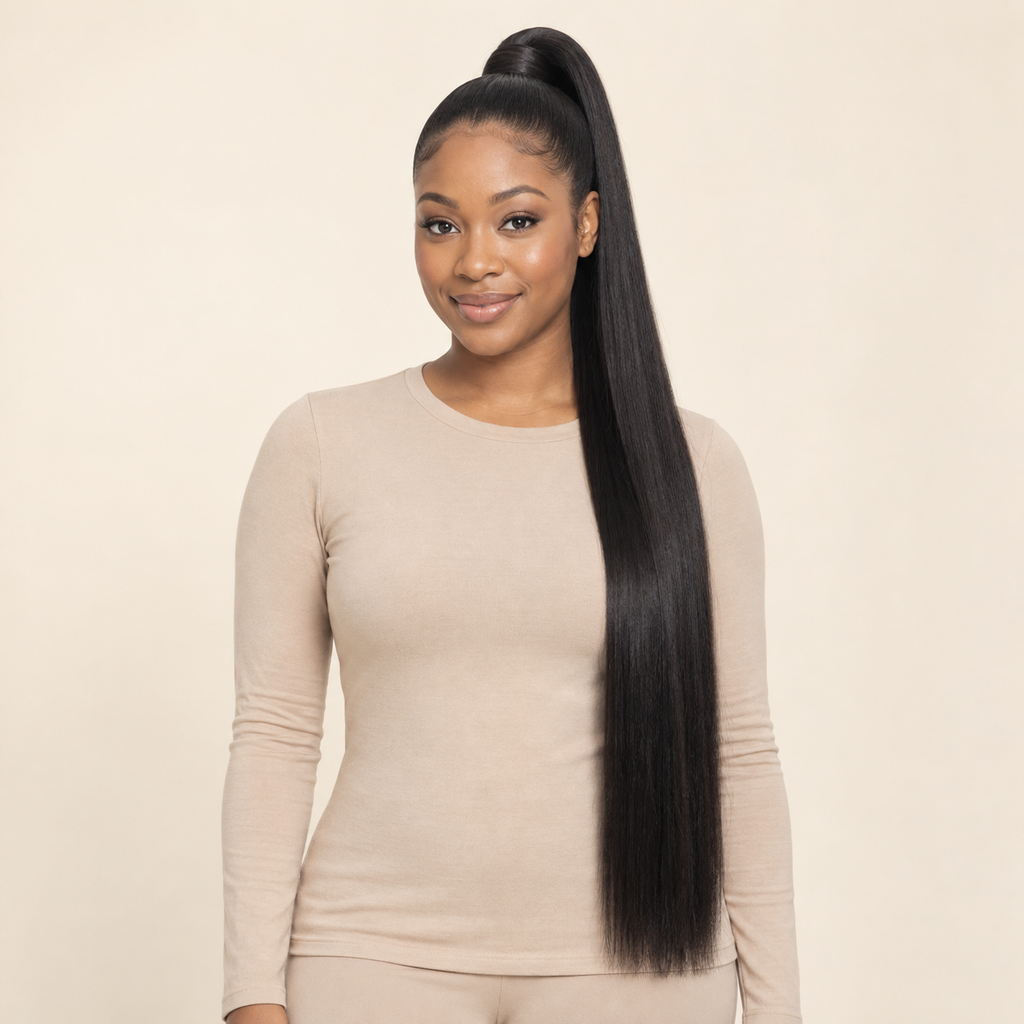 Straight Wrap-Around Ponytail Extension — 1B natural black — front installed view — AI-generated visualization