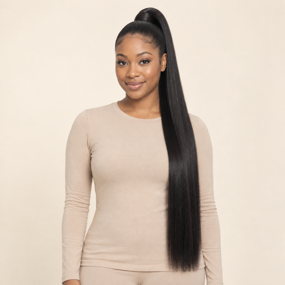 Straight Wrap-Around Ponytail Extension — 1B natural black — front installed view — AI-generated visualization