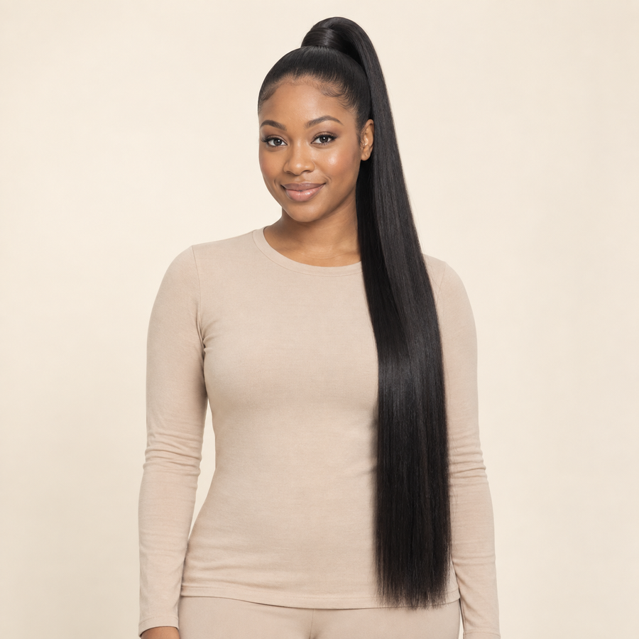 Straight Wrap-Around Ponytail Extension — 1B natural black — front installed view — AI-generated visualization