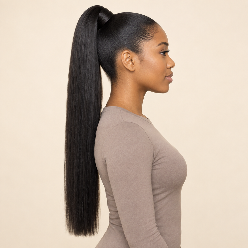 Straight Wrap-Around Ponytail Extension — 1B natural black — side installed view — AI-generated visualization