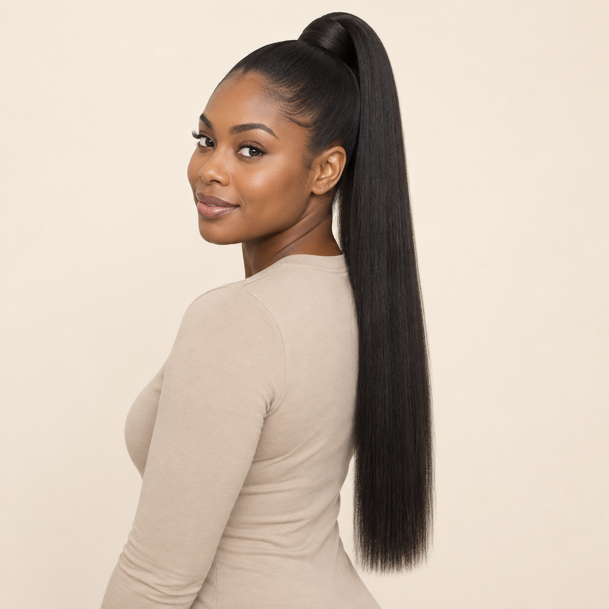 Straight Wrap-Around Ponytail Extension — 1B natural black — three-quarter installed view — AI-generated visualization