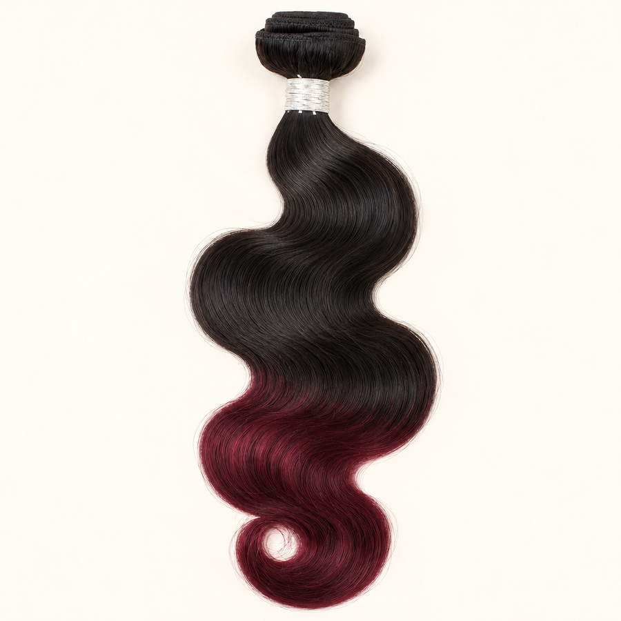 AI-generated visualization: one 14-inch near-black to wine-red body-wave human-hair bundle, product-only hero.